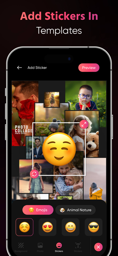 Grid Square Cut-Carousel Maker - A mobile screen showing the addition of emoji stickers to a photo collage template
