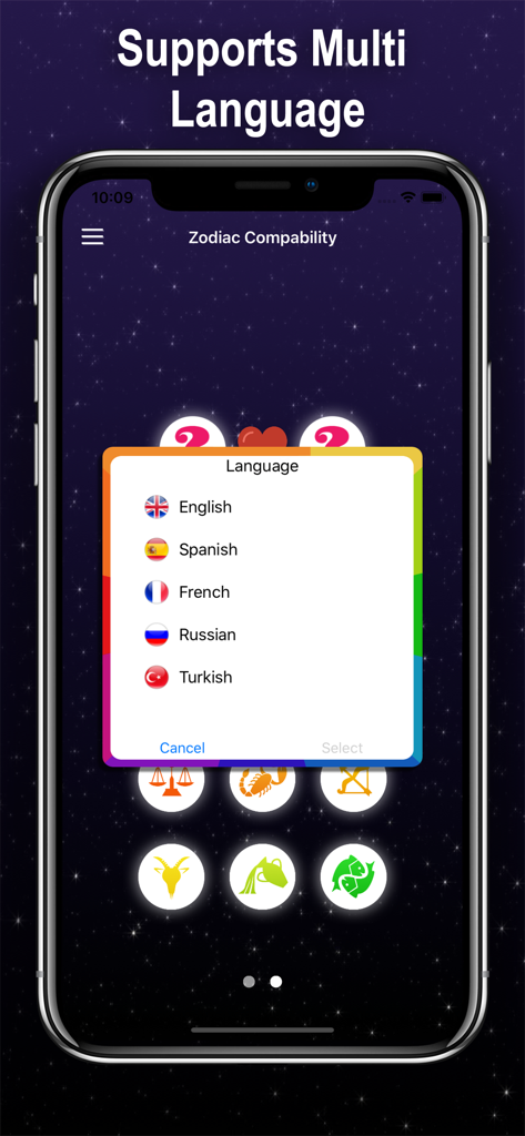 휴대전화 화면에 운세 및 점성술 앱의 언어 선택 메뉴가 표시된 모습
