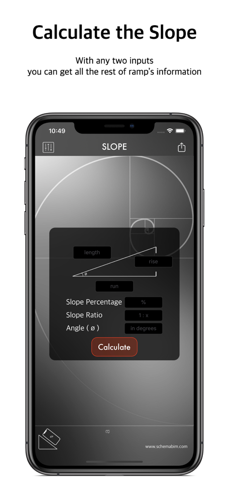 Slope Calculation Tool - iPhone displaying the Slope Calculation Tool app interface with a geometric diagram to calculate ramp rise run and slope angle