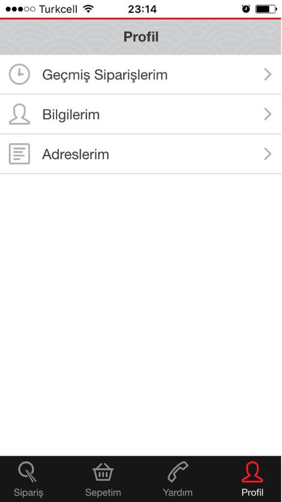 Mobile QuickChina - Benutzerprofilbildschirm der Mobile QuickChina App mit Menüoptionen für den Bestellverlauf, persönliche Informationen und Adressen in einem minimalistischen Design.