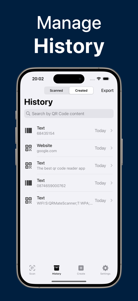 QR Code Reader；Barcode Scanner - Interfaz móvil de QR Mate que muestra un historial gestionado de códigos QR y códigos de barras escaneados y creados.