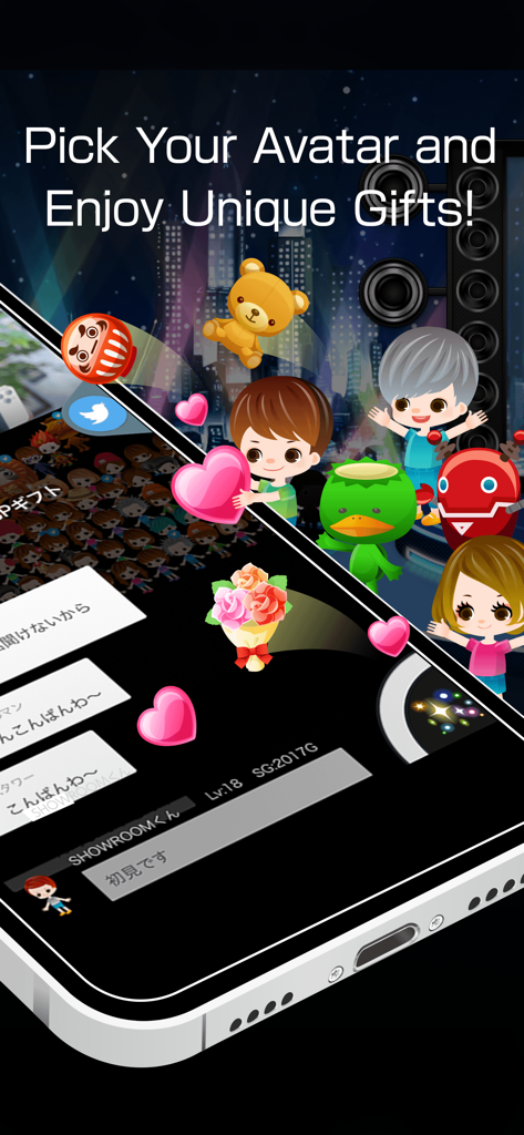 A smartphone display showing customizable cartoon avatars and digital gifts like hearts and flowers on the SHOWROOM app