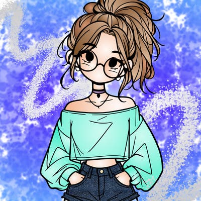 girl with a messy ponytail glasses a baggy crop top and jean shorts
