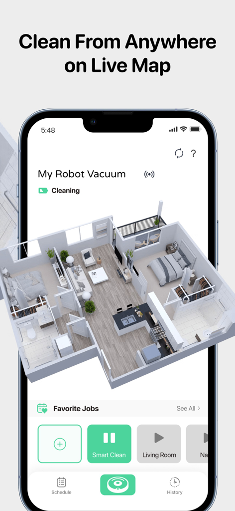 Robot Vacuum App - A smartphone interface displaying a 3D live map of a house for tracking a robot vacuum cleaning job.