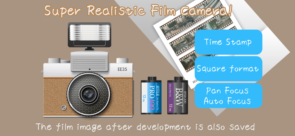 EE35 Film Camera app promotional graphic showing a vintage camera design with color and black and white film options.