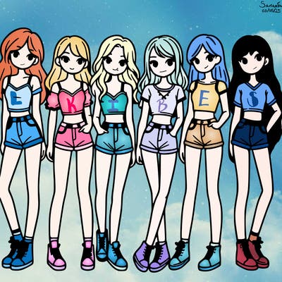a group of girls wearing crop tops and shorts
