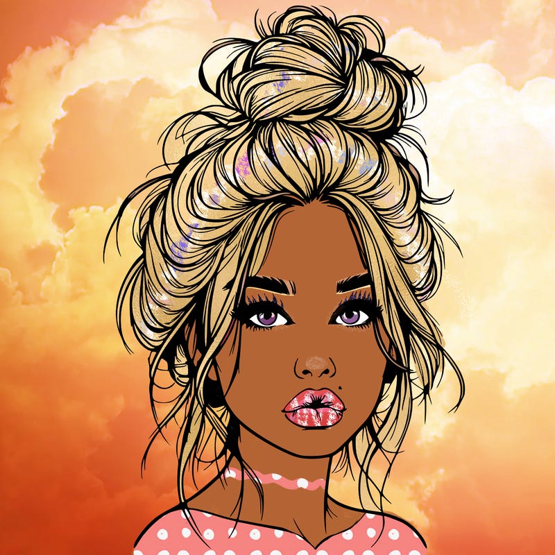 realistic girl with a messy bun and she has lips