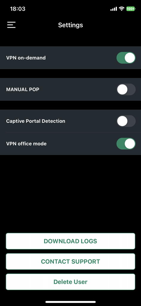 Pantalla de configuración de la aplicación Cato Client que muestra interruptores para VPN bajo demanda y modo de oficina VPN