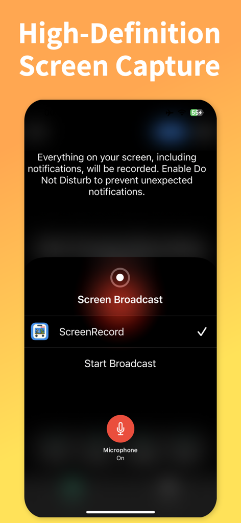 Screen Capture・Game Recorder - iPhone interface showing high definition screen capture settings with the microphone enabled and start broadcast button