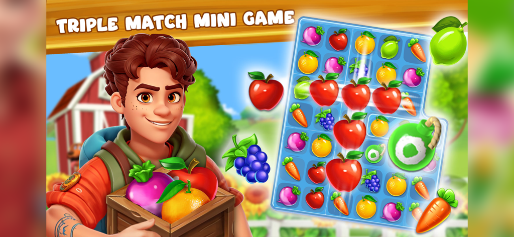 A farmer character holding a crate of produce next to a fruit and vegetable triple match puzzle grid.