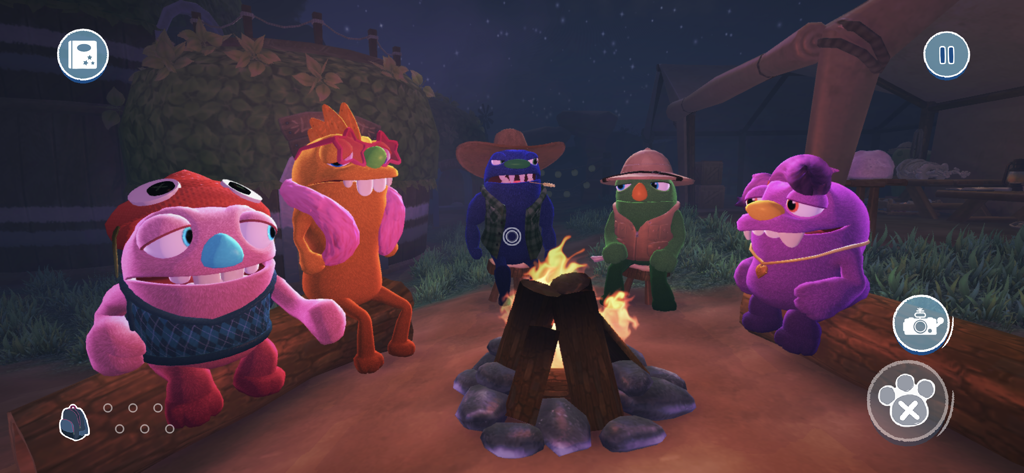 Bugsnax - Cinco Grumpus de colores sentados alrededor de una fogata brillante por la noche en Bugsnax