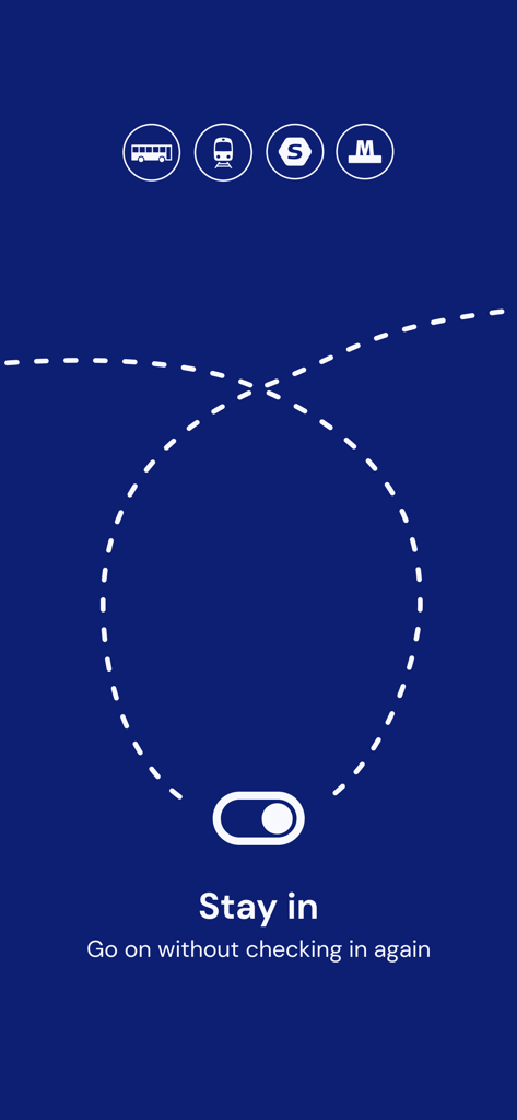 Rejsekort app interface showing the Stay in feature for seamless travel across bus train and metro without rechecking in