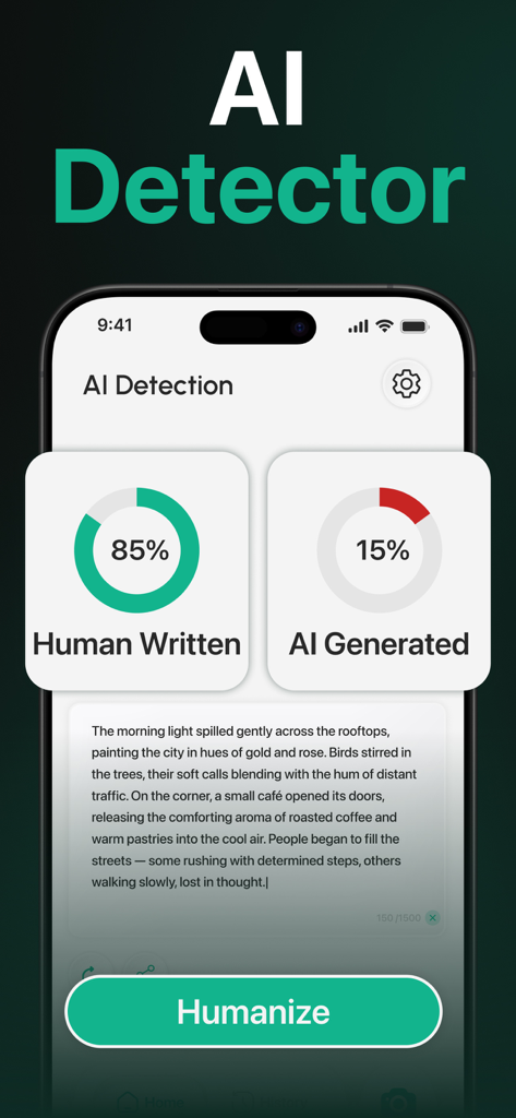 AI Detector : Text Humanizer - AI Detector app interface displaying an 85 percent human written score and a humanize button