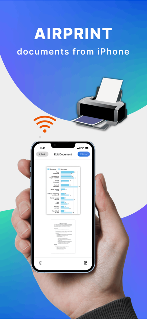 A hand holding an iPhone using the Epsom Printer app to wirelessly print a document via AirPrint.