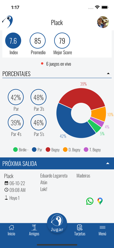 Plack - Interface of the Plack golf app showing player performance statistics and game summaries