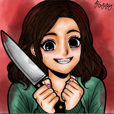 a realistic girl holding a knife and grinning