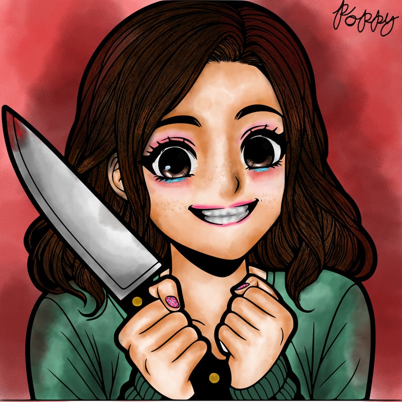 a realistic girl holding a knife and grinning