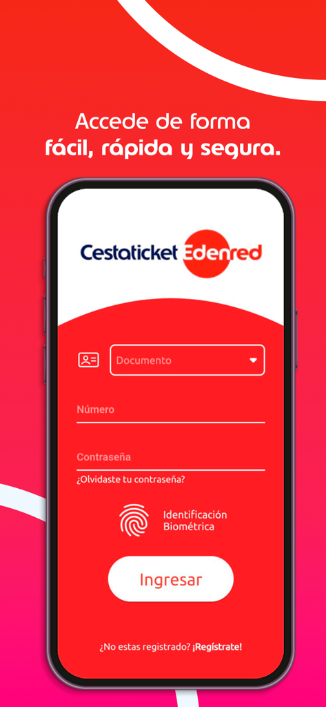 Cestaticket Edenred - Login screen of the Cestaticket Edenred mobile app with document and password input fields and biometric identification