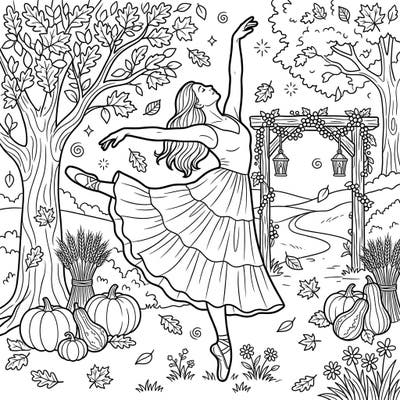 Immerse yourself in the beauty of autumn and the elegance of contemporary dance with this captivating coloring page. Watch a dancer express fluid movement amidst falling leaves, pumpkins, and rustic fall decor, ready for your artistic touch.