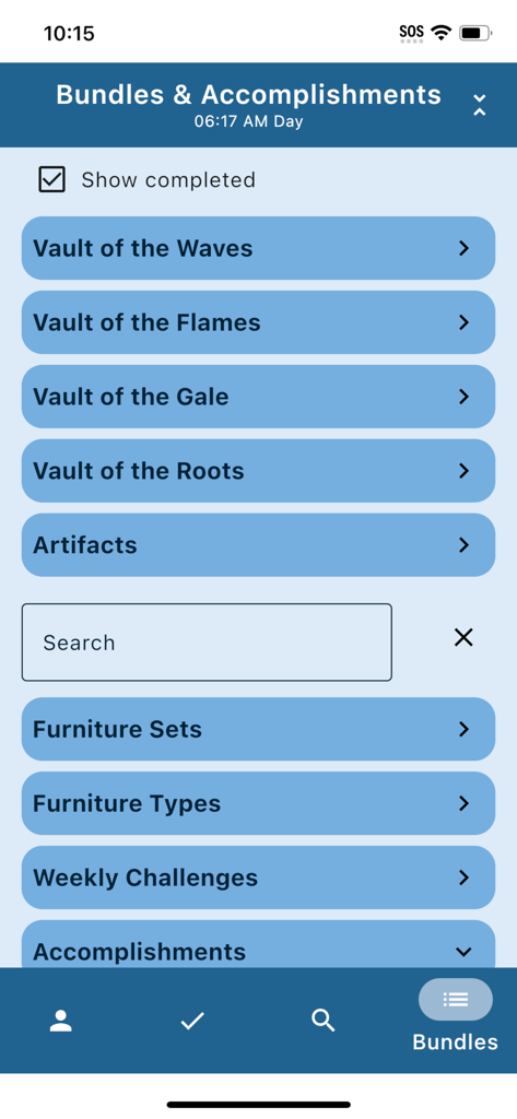Unofficial Palia Notebook - Pantalla de Paquetes y Logros que muestra las bóvedas del juego y el seguimiento del progreso para Palia