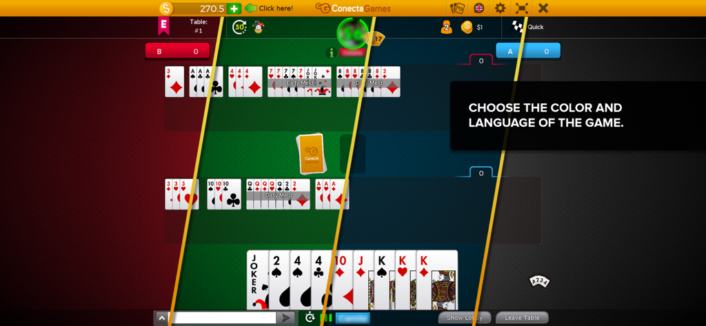 Canasta game interface showing options to customize background colors and language