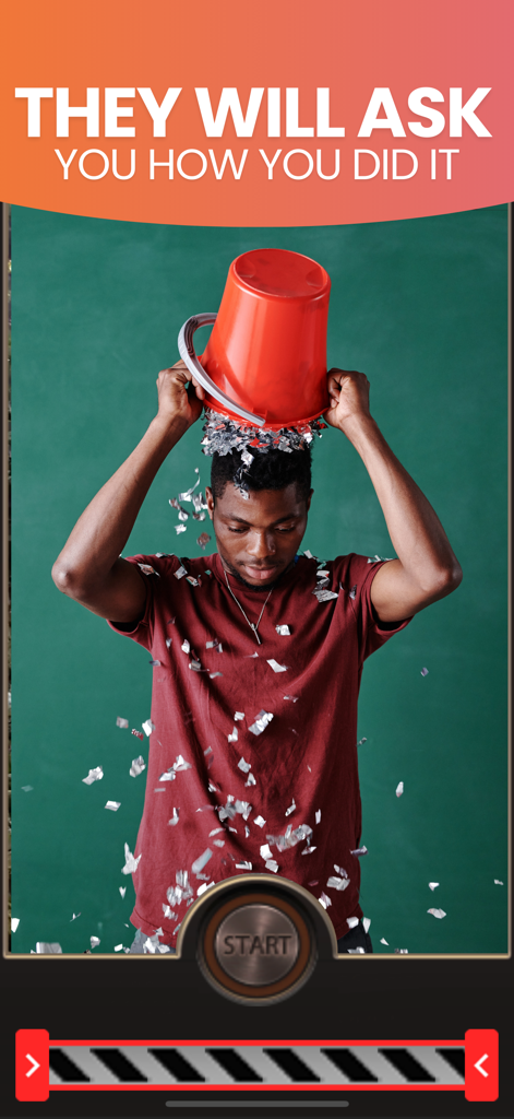 Reverse Video FX: Rewind Movie - Homem usando o aplicativo Reverse Video FX para criar um truque de mágica com um balde vermelho e confetes prateados caindo