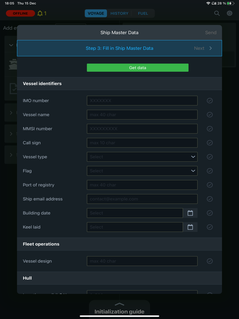 Wärtsilä SmartLog App Bildschirm zur Eingabe von Schiffstammdaten und Schiffsidentifikatoren