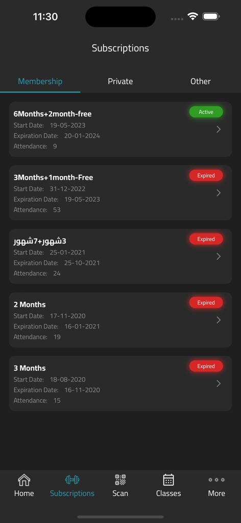 Ramla Studio - A list of active and expired memberships in the Ramla Studio fitness app.