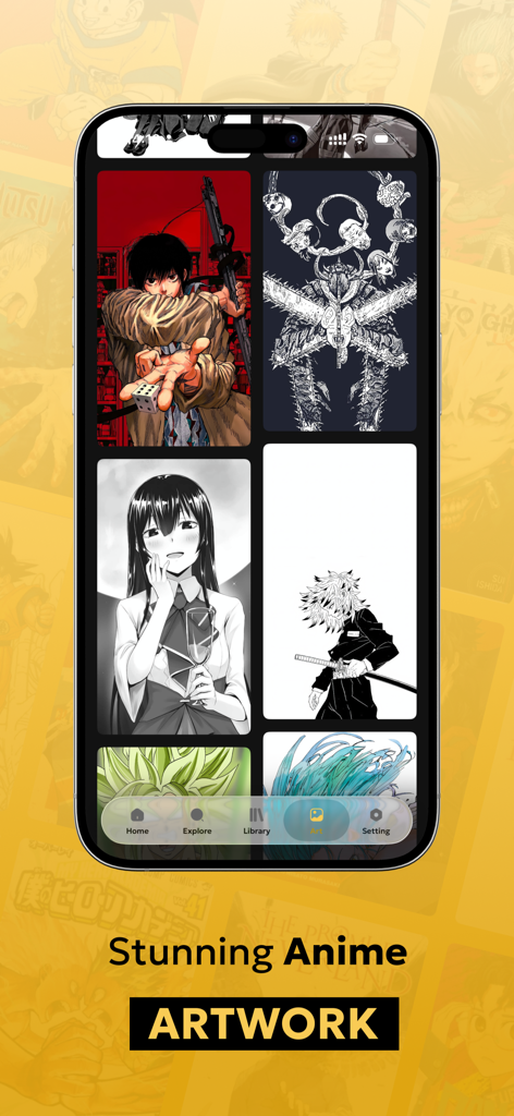 Interface do aplicativo Manga Reader King apresentando uma galeria de arte de personagens de anime e mangá de alta qualidade