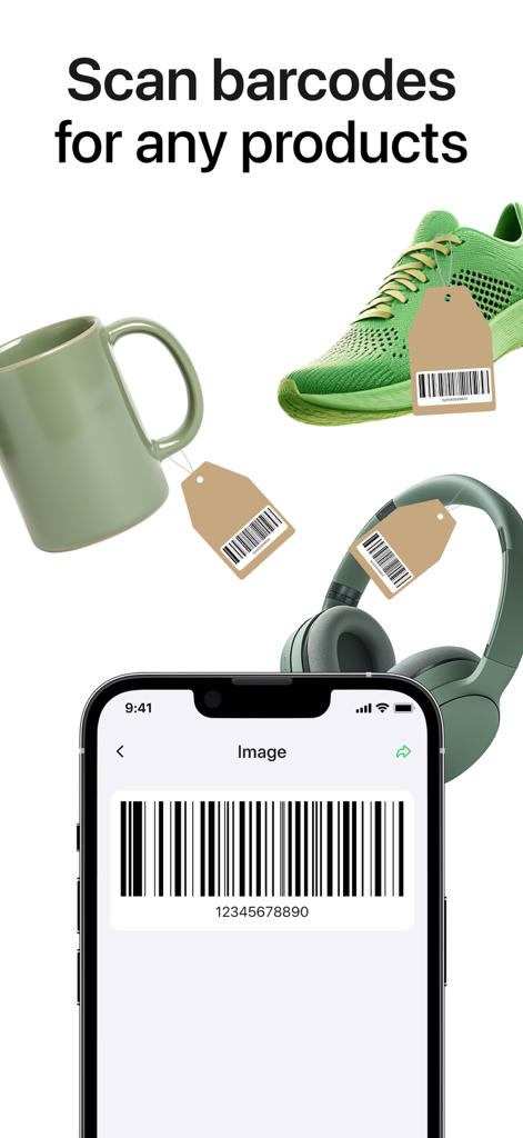 QR Code Barcode: Scanner Maker - iPhone escaneando un código de barras con iconos flotantes de una taza, una zapatilla y unos auriculares