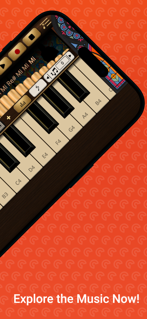 Pipe Organ - Pantalla de smartphone que muestra el teclado y la interfaz de grabación de la aplicación Órgano de Tubos.