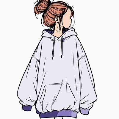 realistic girl with a oversized sweatshirt on and a bun