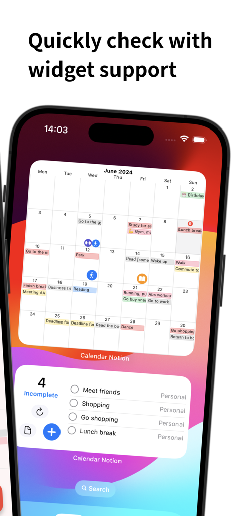 Sync Notion - Widgets de la aplicación Sync Notion en la pantalla de inicio de un iPhone mostrando un calendario y una lista de tareas