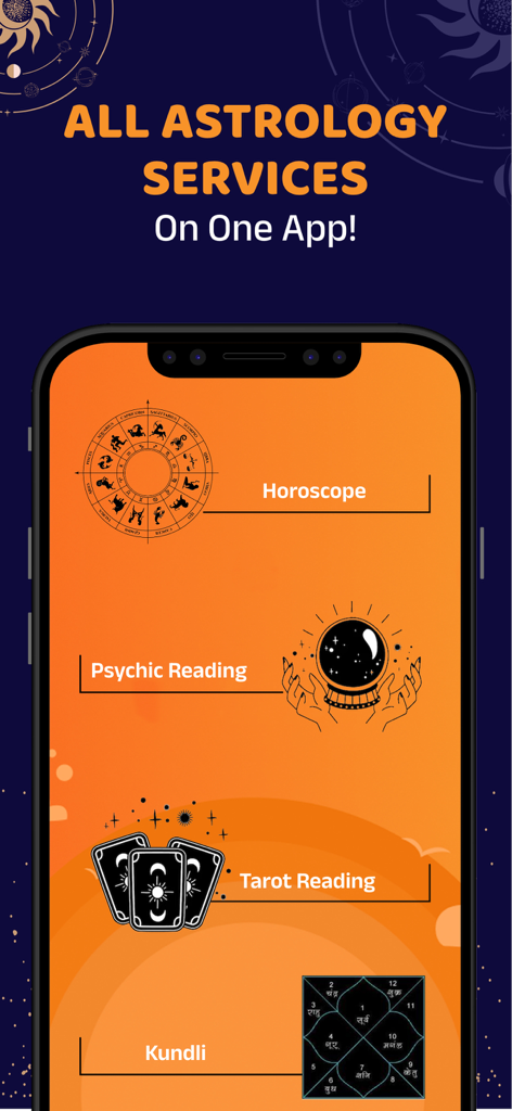 Bodhi: Astrology & Horoscope - Tela do aplicativo Bodhi Astrology mostrando serviços de Horóscopo, Leitura Psíquica, Leitura de Tarot e Kundli.