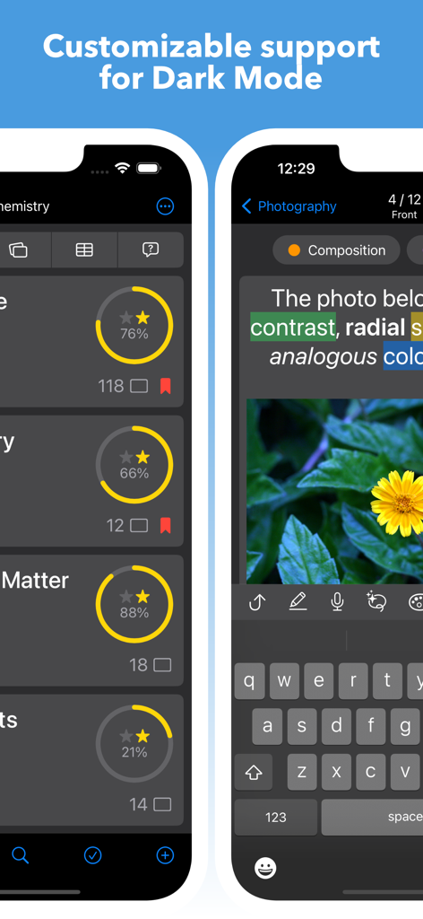 Interface de l'application Mighty Flashcards en mode sombre avec des indicateurs de progression d'étude et un éditeur de flashcards en texte enrichi