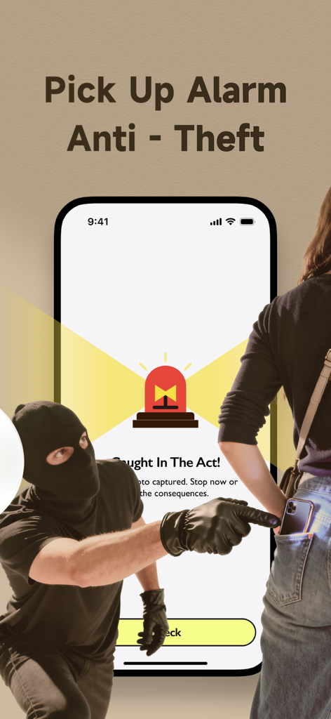 Clap Finder: Find My Device - Un ladrón con una máscara intentando robar un teléfono de un bolsillo con la alarma antirrobo activada en la pantalla