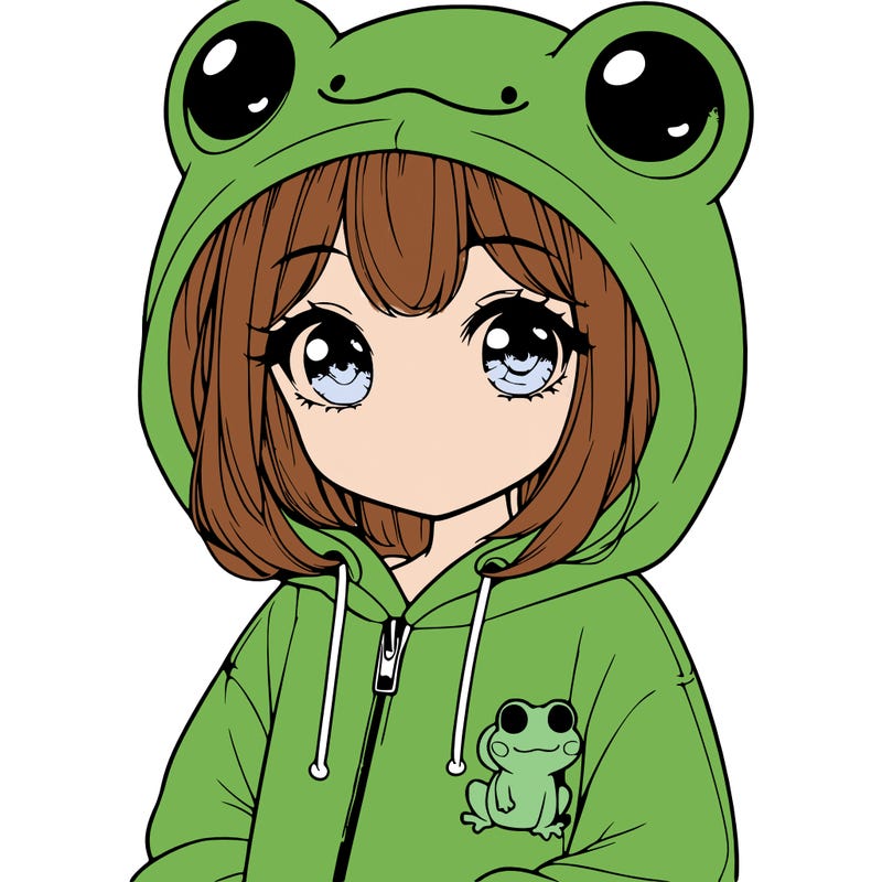 cute realistic girl in a froggy hoodie