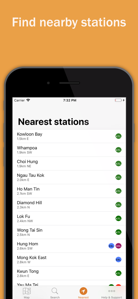 Explore Hong Kong - A list of the closest Hong Kong MTR stations with distances and line names in the Explore Hong Kong app.