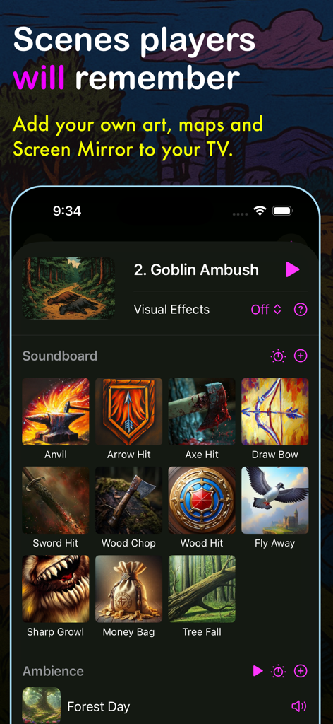 A screenshot of the Summoning Stone app showing a soundboard for TTRPG games with various sound effect icons and a forest ambience setting.
