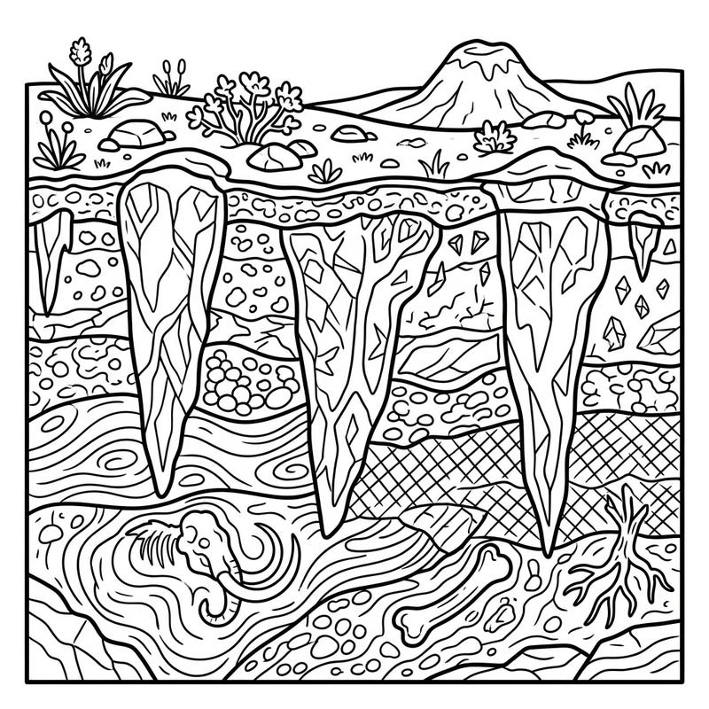 Dive into the fascinating world of permafrost with this unique coloring page, specially designed for seniors. Explore intricate geological layers, ice formations, and hidden ancient fossils for a relaxing and cognitively stimulating activity.