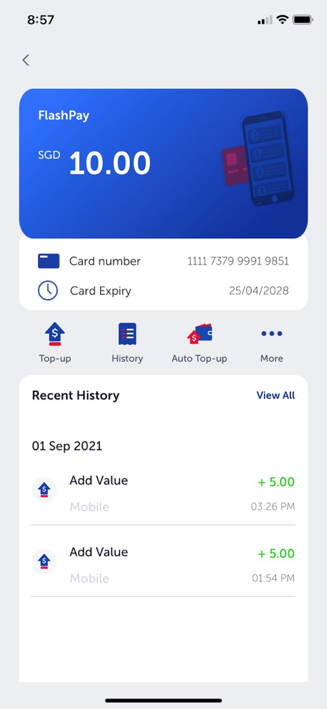 NETS App - Uma interface móvel do NETS App mostrando um saldo de cartão FlashPay de 10 SGD e o histórico de transações recentes