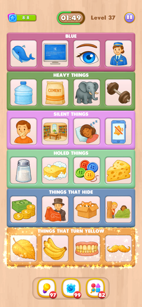 Icon Associations - Screenshot of Icon Associations puzzle game showing icons organized into rows by visual categories like heavy things and silent things