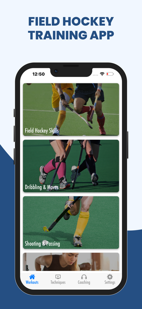 Pantalla de entrenamientos de la aplicación Field Hockey Training mostrando categorías de habilidades y regate