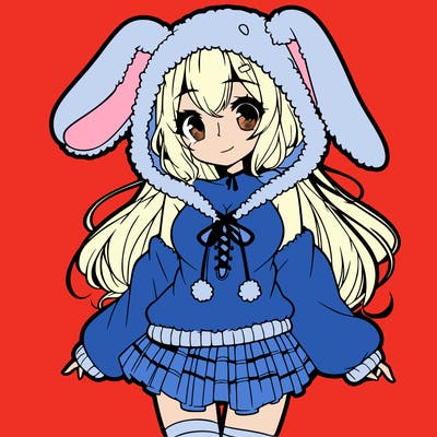 pretty anime girl wearing a fluffy hoodie with bunny ears on the hood and a skirt