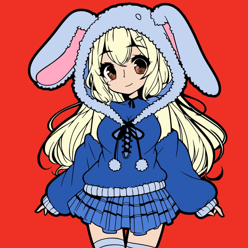 pretty anime girl wearing a fluffy hoodie with bunny ears on the hood and a skirt