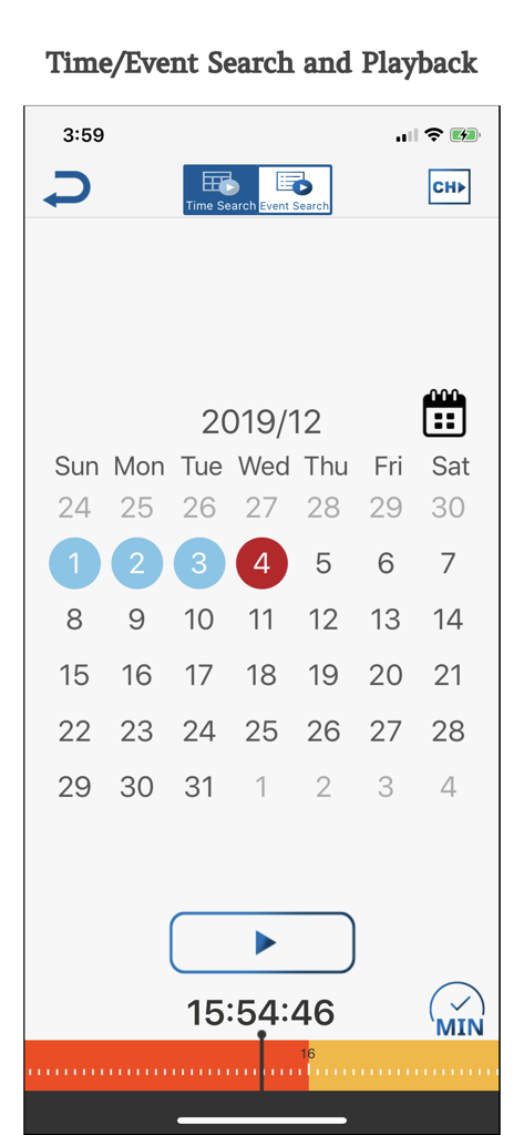 Interfaz de la aplicación Avtech DVR para buscar y reproducir grabaciones de seguridad utilizando un calendario y una línea de tiempo