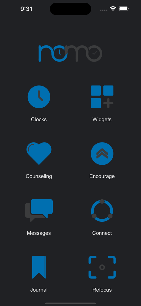 Nomo -  Sobriety Clocks - Main menu of the Nomo sobriety app with icons for clocks, counseling, and journaling