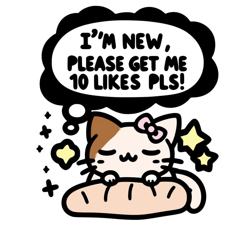 kitty taking a nap dream talking and saying "i'm new, please get me at least 10 likes pls!!"