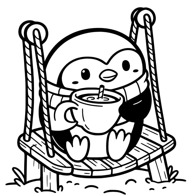 a penguin on a swing drinking hot chocolate