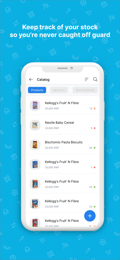 Kayko app product catalog screen displaying stock levels and prices for inventory management